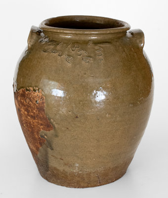 Six-Gallon Alkaline-Glazed Stoneware Jar, Inscribed Decr. 4 1856 / Dave / Lm, David Drake at Lewis Miless Stony Bluff Manufactory, Horse Creek Valley, Edgefield District, SC.