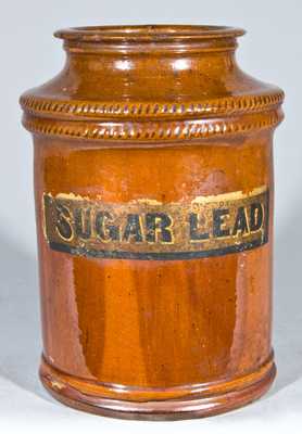 Glazed Redware "SUGAR LEAD" Jar, Jacob Heart, Chambersburg, PA. 