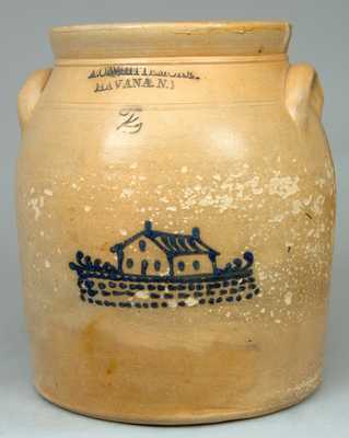 A.O. WHITTEMORE / HAVANA, NY Stoneware Jar with Cobalt House Decoration