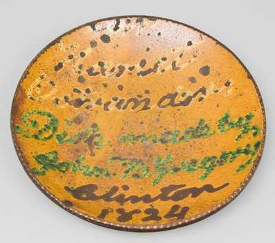 Slip-Decorated Redware Presentation Plate, Clinton, NY, Dated 1824.