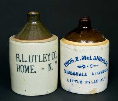 (2) Brown-and-White Stoneware Advertising Jugs