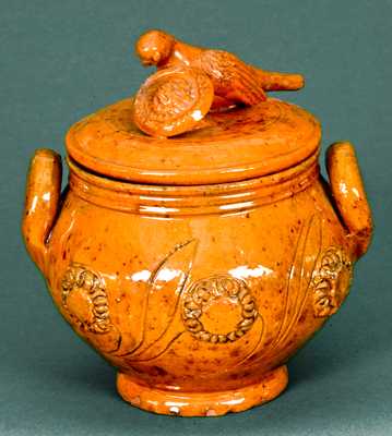 Redware Lidded Sugar Bowl with Bird Finial attrib. James Mackley, Thurmont, MD