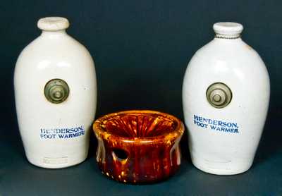 (3) Pieces of Pottery: Stoneware Henderson Foot Warmers and Rockingham Spittoon 
