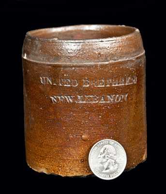 Very Rare Small "UNITED BRETHREN / NEW LEBANON" Stoneware Pot, Shaker