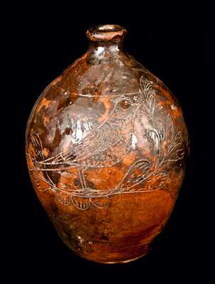 New England Redware Jug with Elaborate Incised Bird