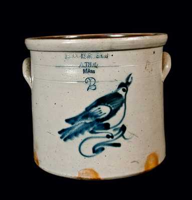 Stoneware Crock with Bird Decoration and Athol, MA Advertising