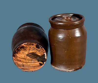 Lot of Two: Albany Slip Stoneware Jars, One Impressed BROWN POTTERY