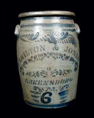 Six-Gallon HAMILTON & JONES / GREENSBORO, PA Stoneware Crock