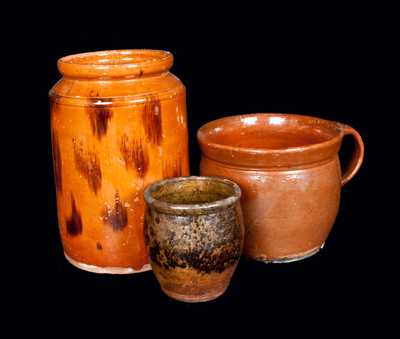 Lot of Three: Two Redware Jars and a Redware Apple Butter Crock