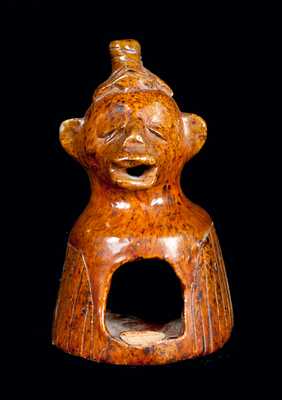 Figural Redware Container with Monkey Head