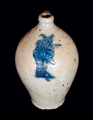 Outstanding New York City Stoneware Jug with Incised Man / Goat Head