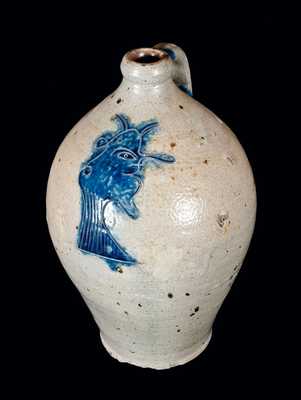 Outstanding New York City Stoneware Jug with Incised Man / Goat Head
