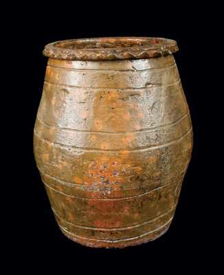 Large Redware Jar with Crimped Rim and Impressed Designs, possibly Midwestern