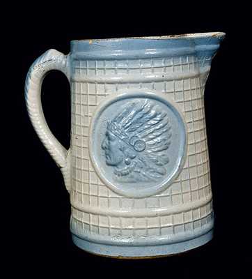 Blue and White Salt Glaze Stoneware Pitcher with Indian Head