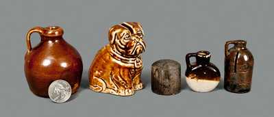 Lot of Five: Miniature Pottery Articles incl. Jugs and Rockingham Dog Bank