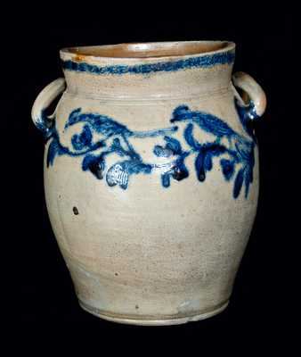 Extremely Rare Loop-Handled Baltimore Stoneware Crock with Five Birds and Floral Decoration, c1815-20