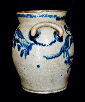Extremely Rare Loop-Handled Baltimore Stoneware Crock with Five Birds and Floral Decoration, c1815-20