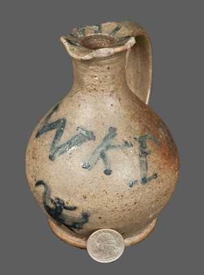 Bulbous Stoneware Cruet with W.K.I. Initials and Bird w/ Rider Decoration, probably Southern