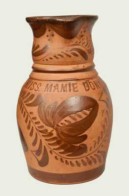 Exceptional Tanware Presentation Pitcher, MISS MAMIE DONNERY, New Geneva or Greensboro, PA