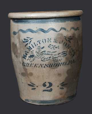 2 Gal. HAMILTON & JONES / GREENSBORO, PA Stoneware Cream Jar with Stenciled Bird Decoration