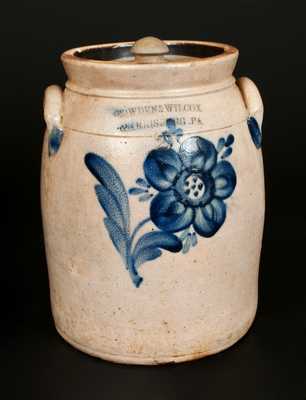 2 Gal. COWDEN & WILCOX / HARRISBURG, PA Lidded Stoneware Jar with Unusual Floral Decoration