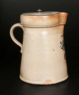 Stoneware Pitcher with Slip-Trailed Decoration and Metal Lid