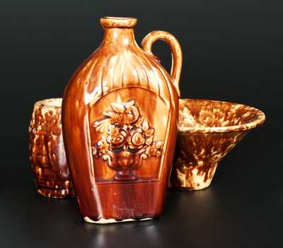 Lot of Three: Rockingham Ware Funnel, Flask with Relief St. George & The Dragon, and Miniature Barrel
