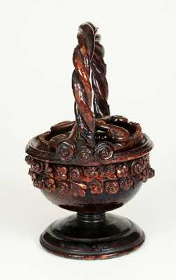 Manganese-Glazed Redware Basket with Rope Handle and Lid, Possibly French, 19th Century