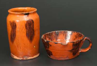 Lot of Two: Redware Jar w/ Manganese Decoration and Redware Porringer w/ Manganese Decoration