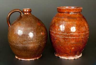 Lot of Two: Early Ovoid Lead-Glazed Redware Jug and Lead-Glazed Redware Jar