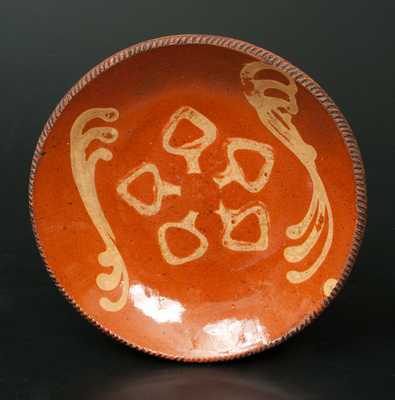 Redware Plate with Stenciled Wheel Decoration in Center, Possibly Huntington, Long Island