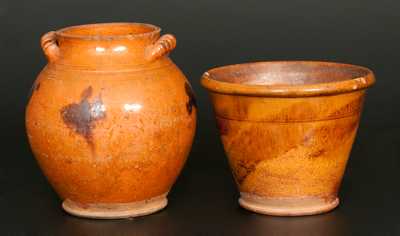 Lot of Two: Redware Jar with Unusual Handles and Redware Flowerpot