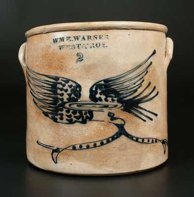 WM. E. WARNER / WEST TROY Stoneware Crock w/ Slip-Trailed Eagle Decoration