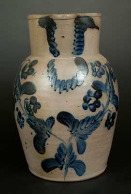 Fine Baltimore Stoneware Pitcher w/ Elaborate Cobalt Floral Decoration, Two-Gallon