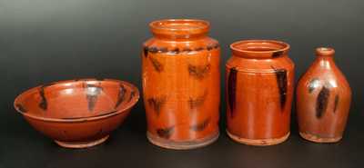 Lot of Four: Connecticut Redware with Manganese Decoration (Flask, Bowl, and Two Jars)