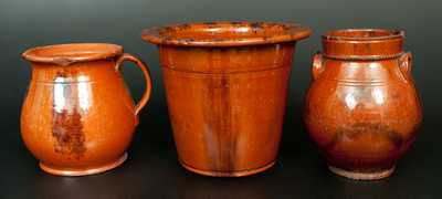 Lot of Three: Redware with Manganese Sponging incl. Large Flowerpot, Batter Pitcher, and Ovoid Jar