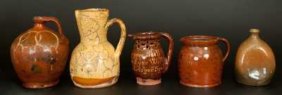 Lot of Five: Assorted Redware Vessels incl. 1834 English Puzzle Jug