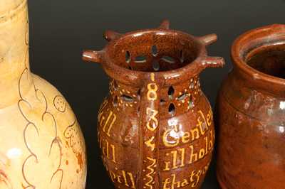 Lot of Five: Assorted Redware Vessels incl. 1834 English Puzzle Jug