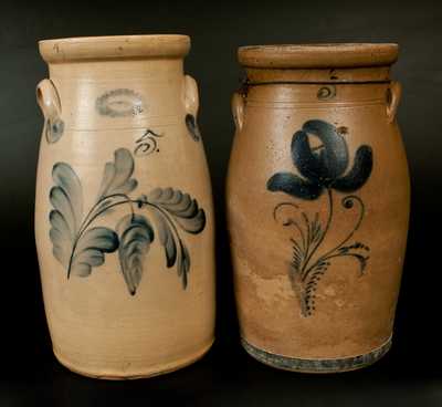 Lot of Two: 5 Gal. Stoneware Churns w/ Floral Decoration incl. J. FISHER & CO. / LYONS, NY