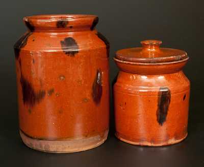 Lot of Two: Redware Jars with Manganese Splotches