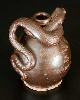 Exceptional Anna Pottery Stoneware Snake Jug, Incised 