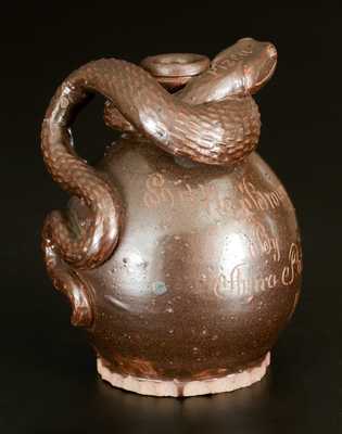 Exceptional Anna Pottery Stoneware Snake Jug, Incised 