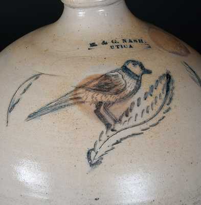 Rare H. & G. NASH. / UTICA Stoneware Jug with Incised Bird