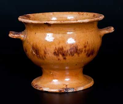 Unusual Pennsylvania Redware Sugar Bowl with Flower-Stamped Handles