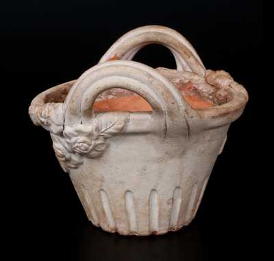 Unusual White Slip-Decorated Redware Flowerpot with Applied Leaves and Flowers