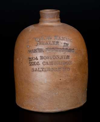 Rare Squat Baltimore Stoneware Liquor Jug with Six Lines of Advertising