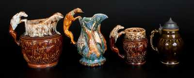 Lot of Four: Three Hunt Scene Vessels incl. Harker Pottery Examples and BENNETT Lidded Mug