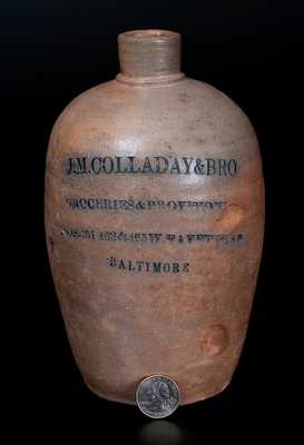Unusual 1/4 Gal. Baltimore Stoneware Jug with Impressed Four-Line Advertising