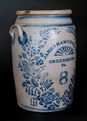 Rare JAMES HAMILTON & CO. / GREENSBORO / PA Eight-Gallon Stoneware Jar w/ Profuse Stenciled Floral Decoration