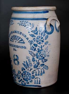 Rare JAMES HAMILTON & CO. / GREENSBORO / PA Eight-Gallon Stoneware Jar w/ Profuse Stenciled Floral Decoration